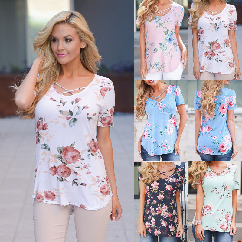 Flower Print Cross Front Short Back Long T-shirt Women dealsniper-net