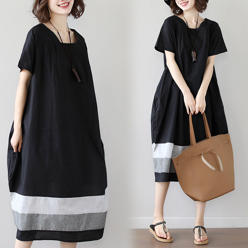 Cotton And Linen Short Sleeve Dress Large Size Women's Mid Length Women dealsniper-net