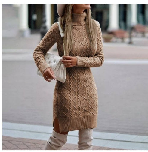 Fashion Turtleneck Knitted Dress With Slit Design