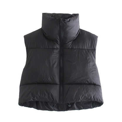 Winter Short Vest For Women Solid Color Zip Sleeveless Lapel Jacket Fashion Bread Coat Women dealsniper-net Black 2XL