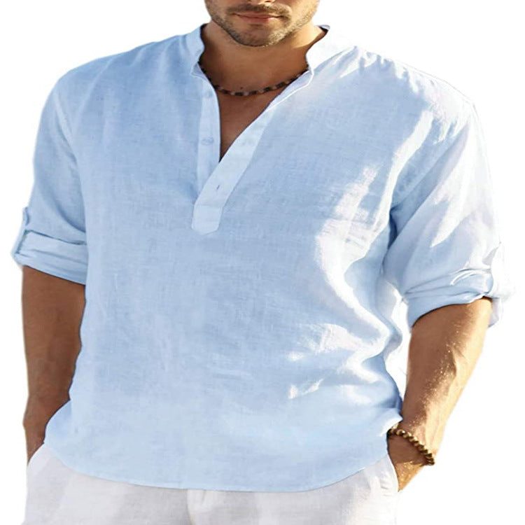 Men's Casual Cotton Linen Solid Color Long Sleeve Shirt Loose Stand Collar Deals DealSniper.net