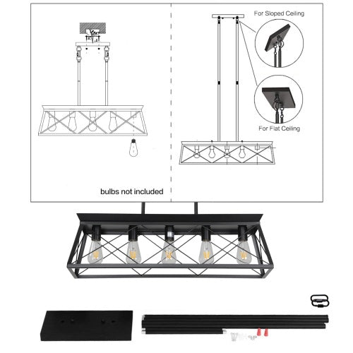 5 Lamps Farmhouse Chandelier For Dining Room, Metal Rustic Chandelier Island Lamp, Modern Rectangular Island Lamp For Kitchen, Living Room Pure Black - No Bulbs Unavailable Platforms- Temu Kitchen DealSniper.net