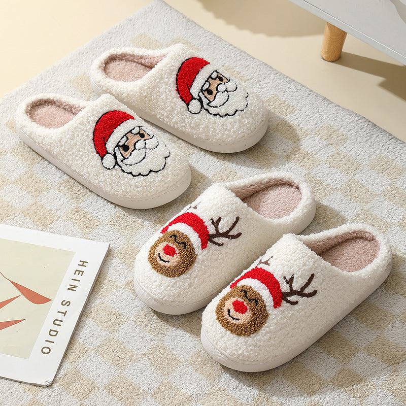 Christmas Home Slippers Cute Cartoon Santa Claus Cotton Slippers For Women And Men Couples Winter Warm Furry Shoes Women dealsniper-net