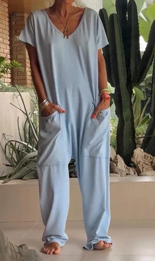 V-neck Oversized Pocket Low-grade Jumpsuit Women DealSniper.net 2XL Blue