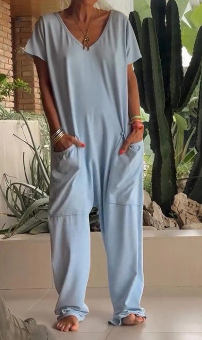 V-neck Oversized Pocket Low-grade Jumpsuit Women DealSniper.net 2XL Blue