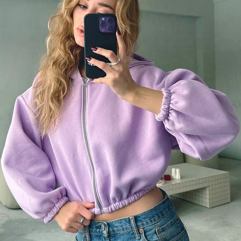 Casual Solid Color Hooded Short Jacket Y2K Fashion Sports Women dealsniper-net Purple L