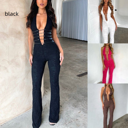 Lash Rope Lace Up Slim Fit Jumpsuit See-through Lace Women DealSniper.net Black 2XL