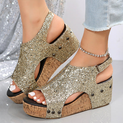 Summer Chunky Wedges Sandals Fashion Sequins Velcro Shoes Women Women dealsniper-net