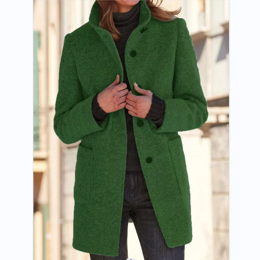 Fashion Stand Collar Woolen Coat With Pockets Fall Winter Women dealsniper-net Green 2XL