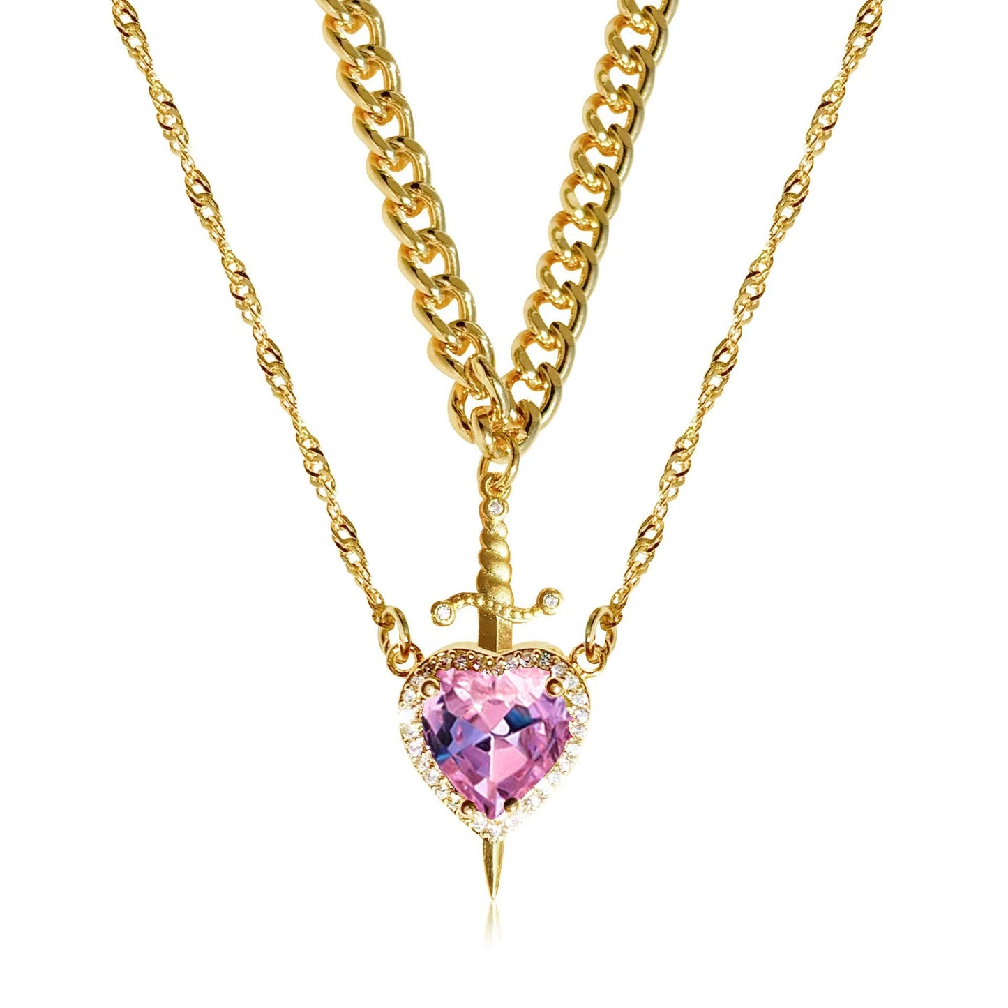 New Heart And Sword Necklace Set Gold Color Stainless Steel Jewelry dealsniper-net Golden Set Pink Diamond