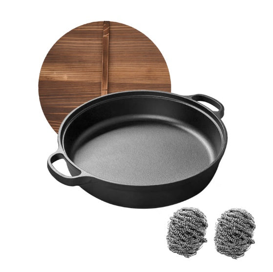 Cast Iron Wok With Dual Handles And Wooden Lid Kitchen dealsniper-net Black