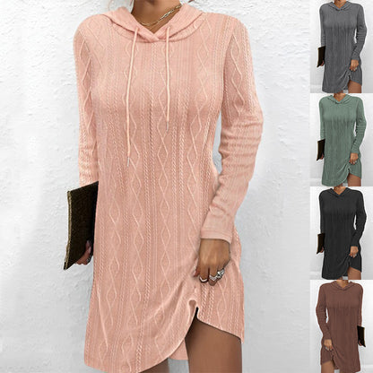 Long Sleeve Hooded Pullover Knitted Dress For Women Women DealSniper.net