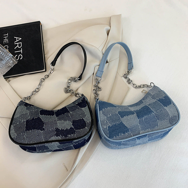 Denim Shoulder Bag Simple Plaid Patchwork Bag Women DealSniper.net