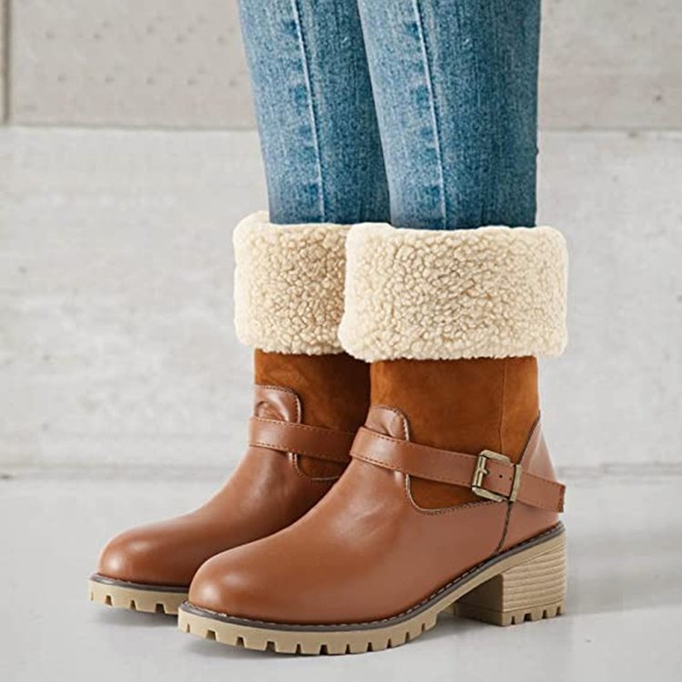 Fashion Boots With Buckle Chunky Heel Shoes Warm Winter