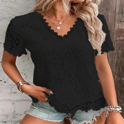 Women's Fashion Top T-shirt Lace Short Sleeve Women Women DealSniper.net Black 3XL