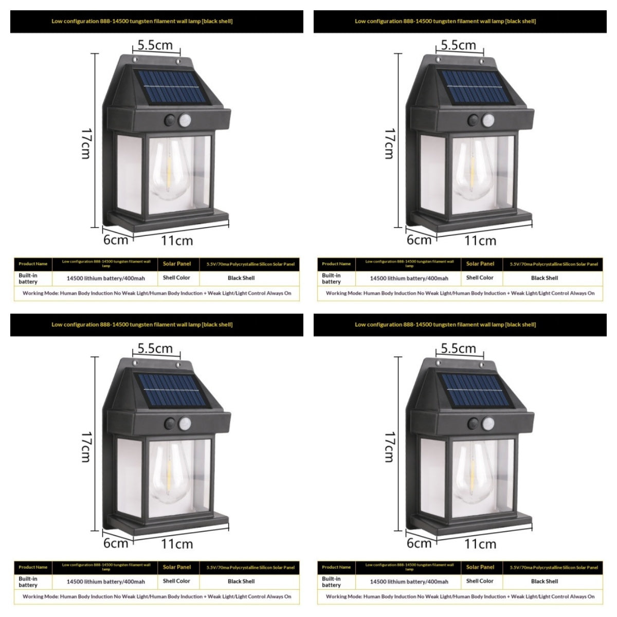 Outdoor Solar Tungsten Wall Light With Motion Sensor IP65 Outdoor DealSniper.net Black Style14500 4PCS