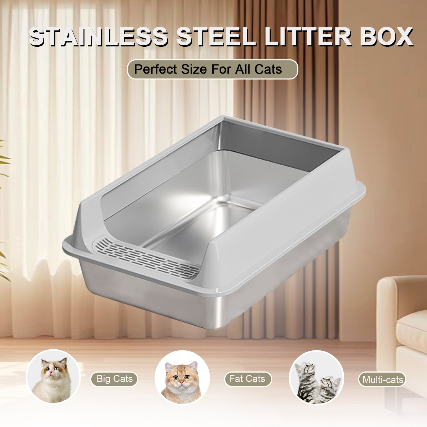 Oversized Stainless Steel Litter Box Semi-enclosed Pets dealsniper-net