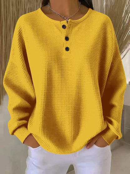 Ins Waffle Long-sleeved T-shirt Fashion Solid Color Buttons Women Gym From House Yellow 2XL