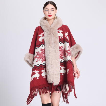 Loose Plaid Plus Cashmere Fur Collar Knitted Inverness Women Gym From House Red Elk Average Size