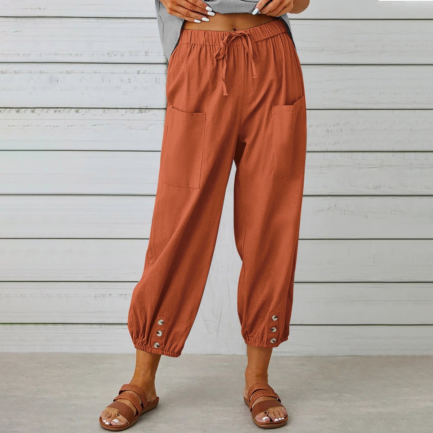 Women Drawstring Tie Pants Spring Summer Cotton And Linen Women dealsniper-net Brick Red 4XL