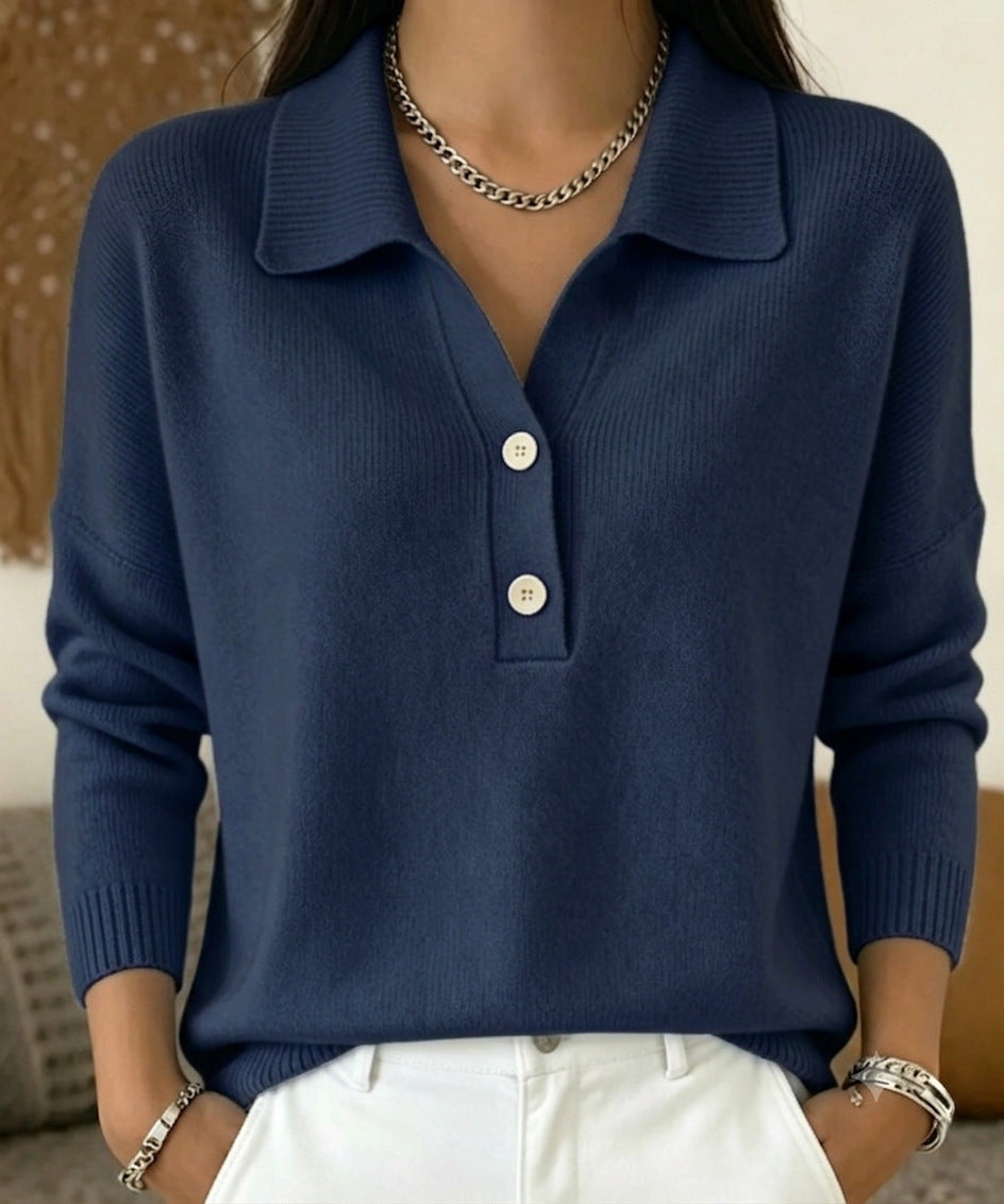 Women 's Polo Collar Knit Sweater Half Button V Neck Solid Color Women Gym From House Dark Blue 2XL