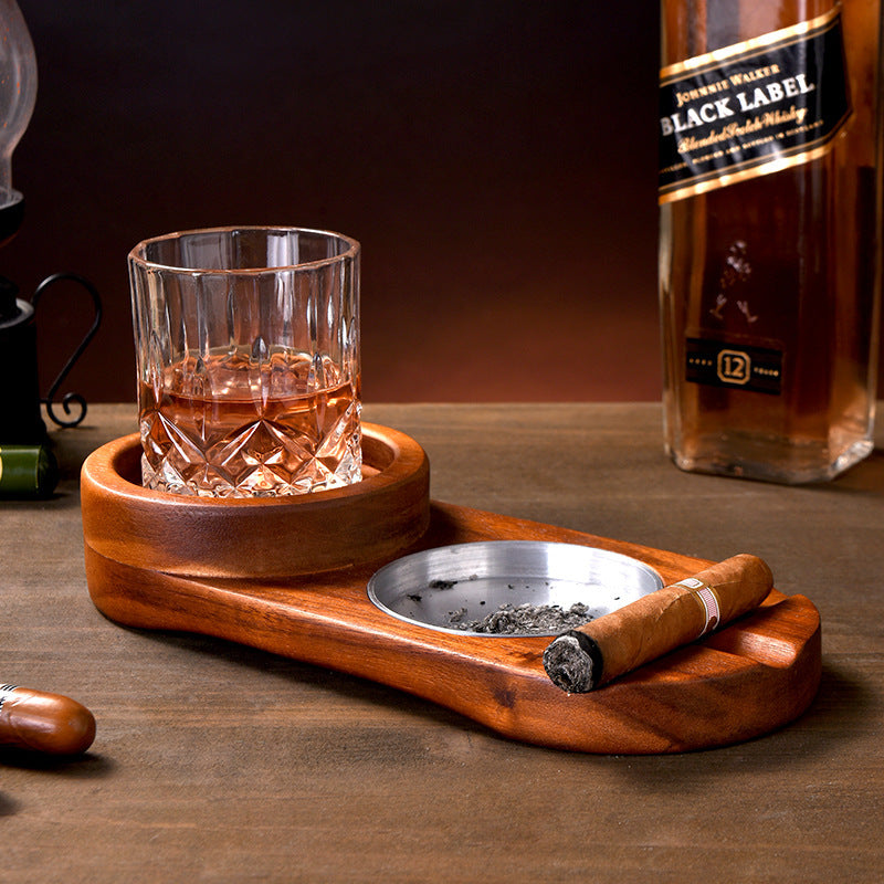 2 In 1 Wooden Ashtray Rustic Wood Whiskey Glass Cup Tray House dealsniper-net Round shape