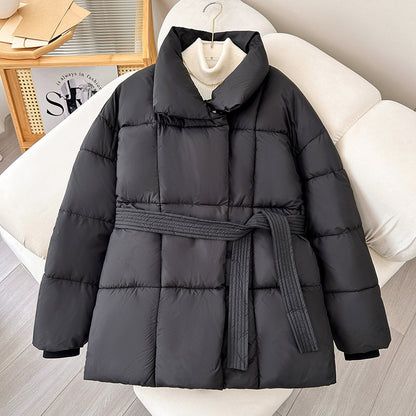 Winter Plaid Sewing Lapel Coat With Lace-up Design Fashion