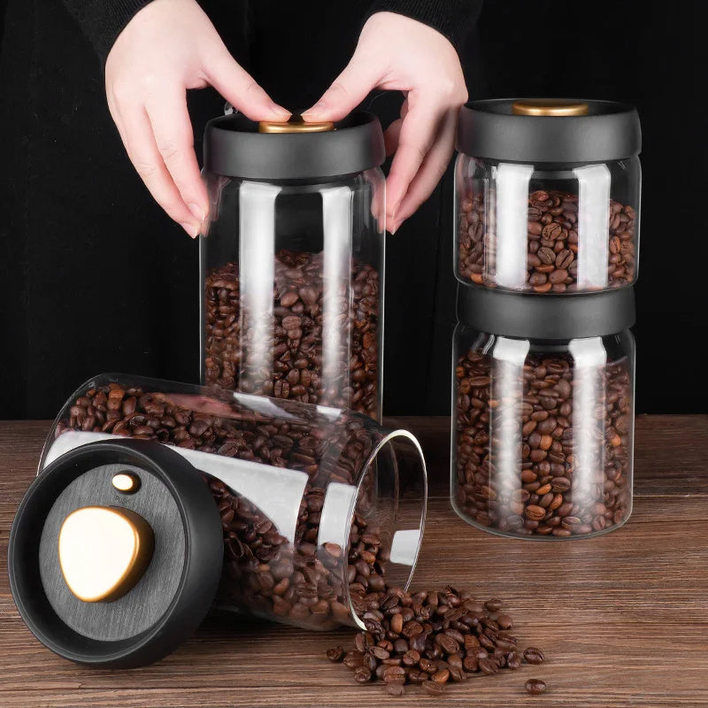 Vacuum Sealed Jug Set Black Coffee Beans Glass Airtight Canister Kitchen dealsniper-net