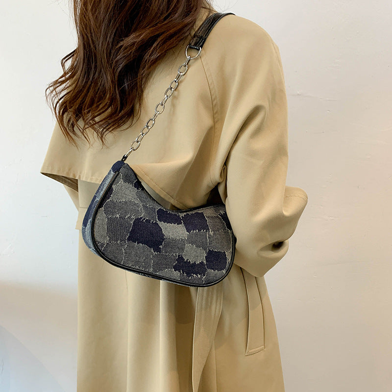 Denim Shoulder Bag Simple Plaid Patchwork Bag Women DealSniper.net