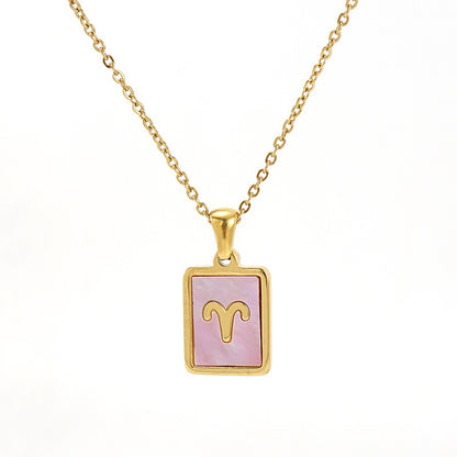 Stainless Steel Square Shell Zodiac Necklace Jewelry dealsniper-net Aries Pink