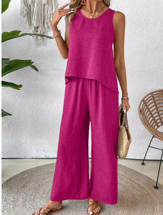 2 Pieces Set Women's Sleeveless Solid Color Back Hollow Lace Suit Women Gym From House Rose Red L