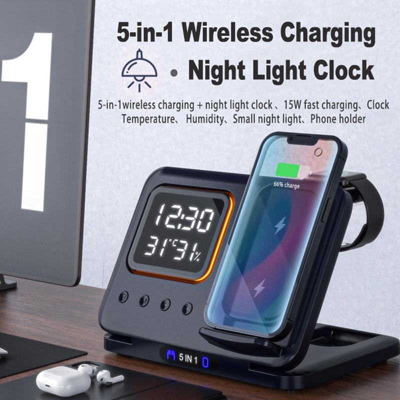 15W Wireless Chargers Stand 5 In1 LED Digital Alarm Clock Electronics dealsniper-net