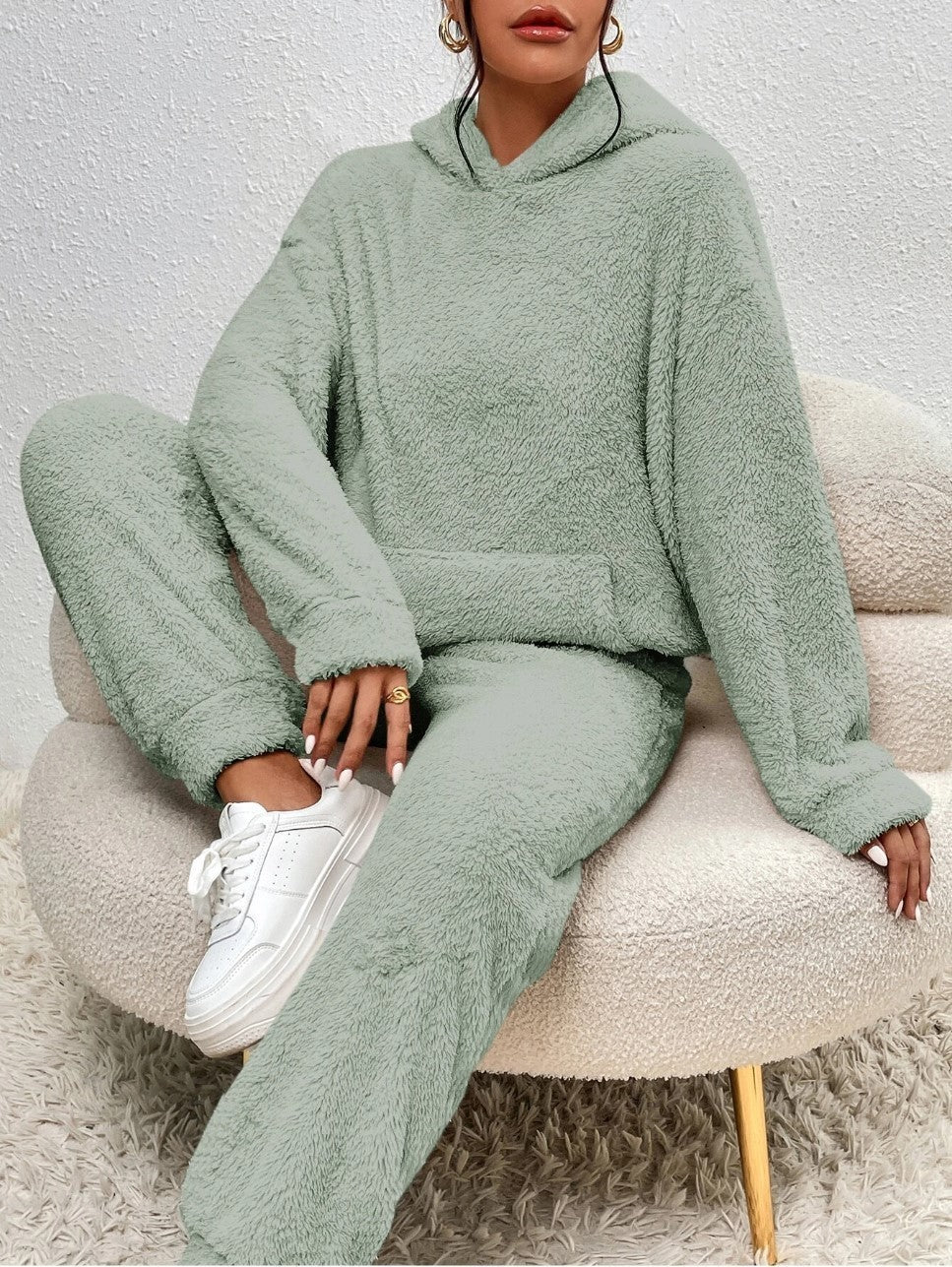 Winter Plush Pajama Set Fashion Casual Hooded Top And Elastic Band Women null Green 2XL