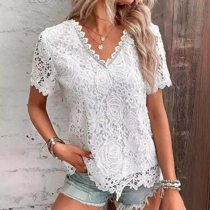 Women's Fashion Top T-shirt Lace Short Sleeve Women Women DealSniper.net