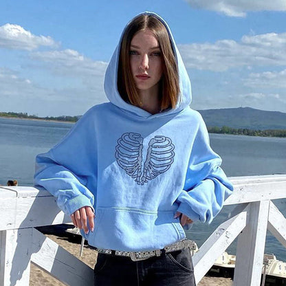 Trendy Skeleton Rhinestone Loose Hooded Sweater Women Gym From House Blue Y23TP428 L