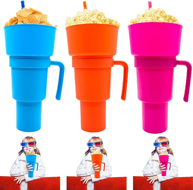 5 Pcs Stadium Tumbler With Snack Bowl, 2 In 1 Travel Cup With Snack Bowl, Cup Snack With Bowl On Top And Straw, Leak Proof Snack Cup And Bowl Combo 32oz Blue, Orange, Pink, Green, Yellow Kitchen dealsniper-net 3Colors