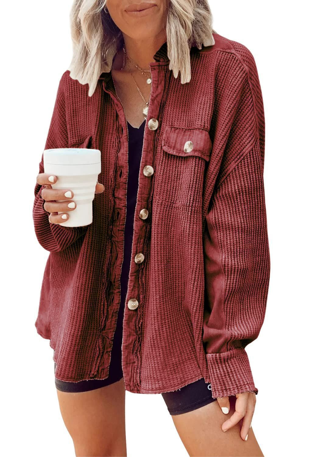 Button Shirt Jacket Women Lapel Long Sleeve Blouse Women dealsniper-net WIne Red L