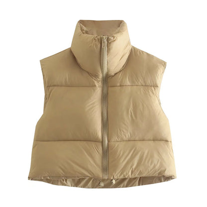 Winter Short Vest For Women Solid Color Zip Sleeveless Lapel Jacket Fashion Bread Coat Women dealsniper-net Khaki L