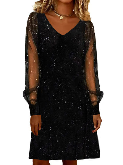 Elegant Women Dress V Neck Shiny And Glowing Mesh Sleeve Women DealSniper.net Black 2XL