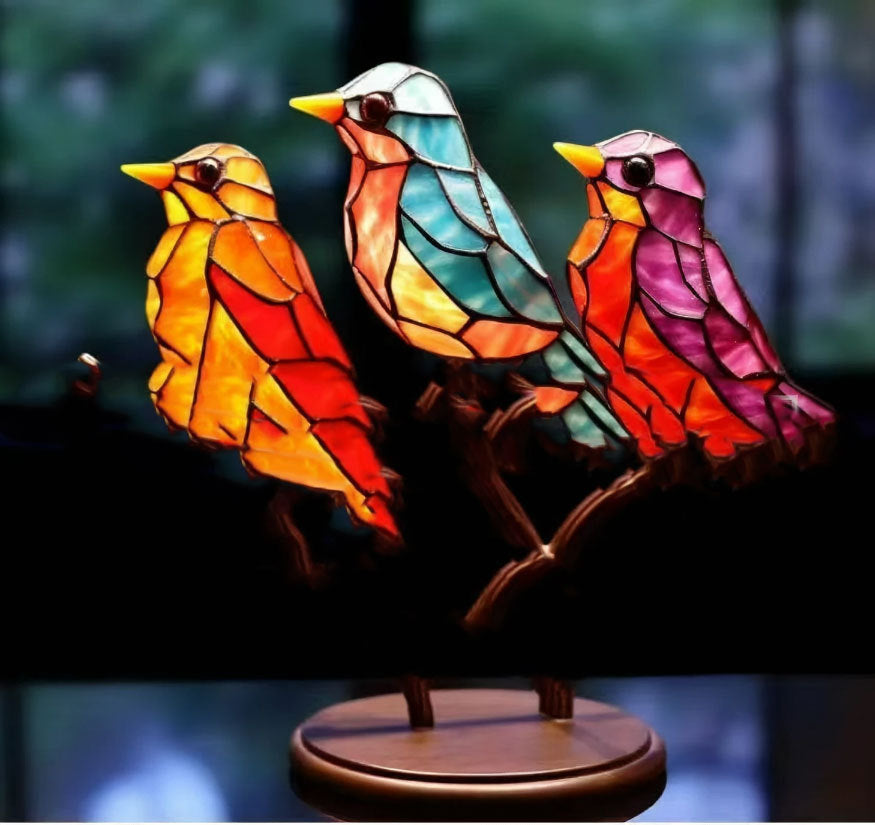 Stained Birds On Branch Desktop Ornaments For Bird Lover Home Decor dealsniper-net Three Bird Metal Double Branch