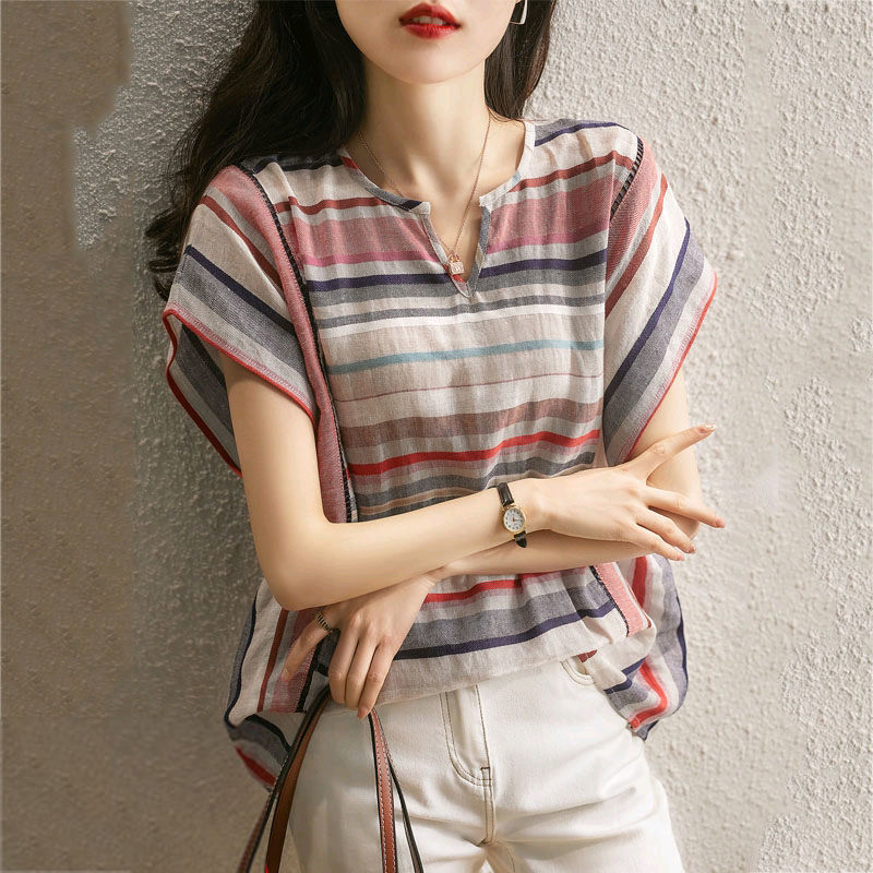 New Striped Shirt Women's Short Sleeve Loose Women dealsniper-net