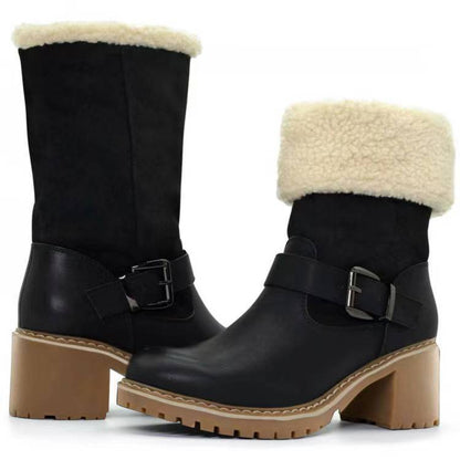 Fashion Boots With Buckle Chunky Heel Shoes Warm Winter