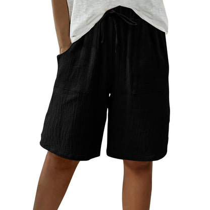Linen Cotton Shorts, Solid Color Casual Shorts Tie Detail Shorts Women DealSniper.net Black 4XL