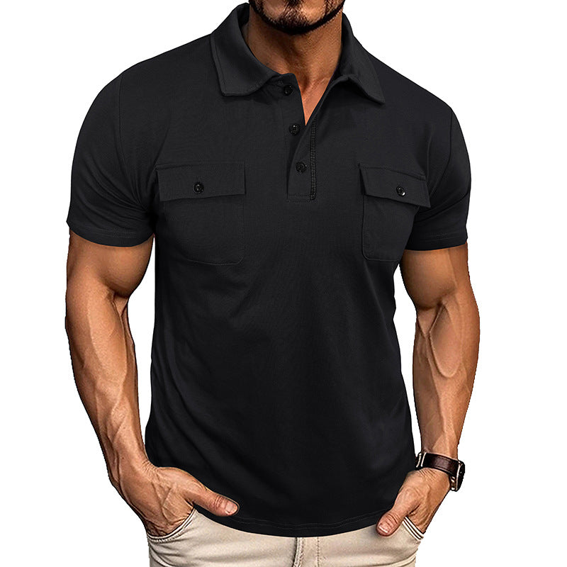 Summer Lapel Button Polo Shirt With Pockets Outdoor Fashion Men DealSniper.net Black L