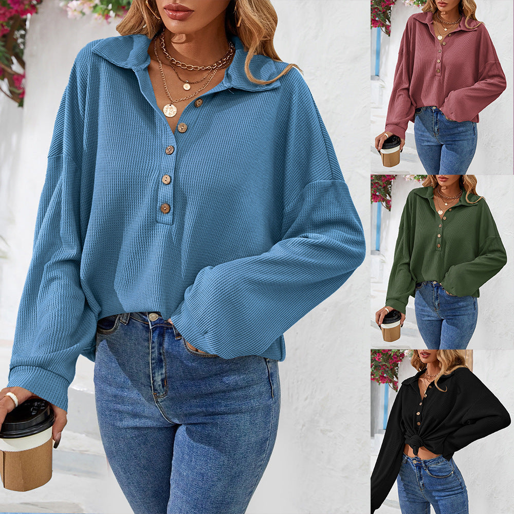 Fashion Lapel Button Sweatshirt Casual Loose Long Sleeve Pullover Women dealsniper-net