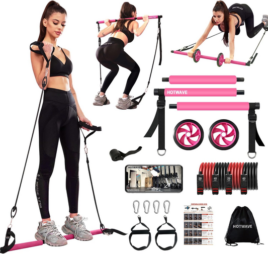 Pilates Bar Kit With Resistance Bands. Fitness Bar With Ab Roller For Abs Workout. Squat Machine.Core Strength Training Equipment.Portable Home Gym For Men And Women Sports dealsniper-net