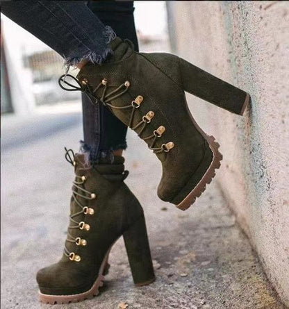 Heeled Boots For Women Round Toe Lace UP High Heels Boots Mid Calf Shoes Women dealsniper-net Green Size35