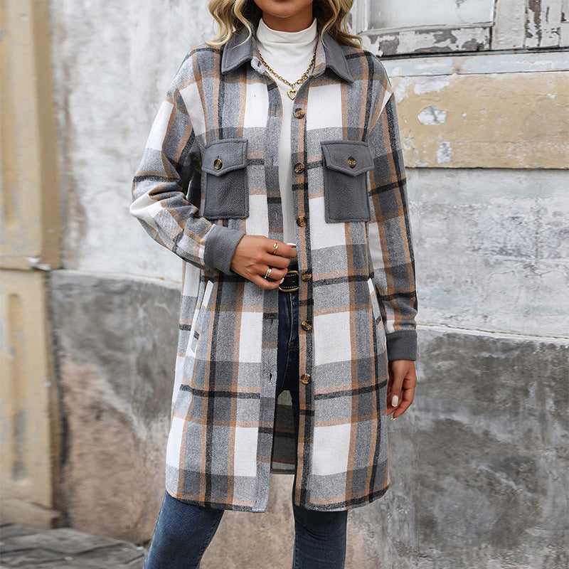 New Brushed Plaid Long Coat With Pockets Fashion Winter Jacket Women DealSniper.net Grey L