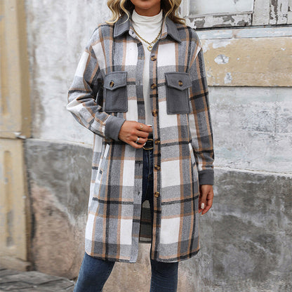 New Brushed Plaid Long Coat With Pockets Fashion Winter Jacket Women DealSniper.net Grey L