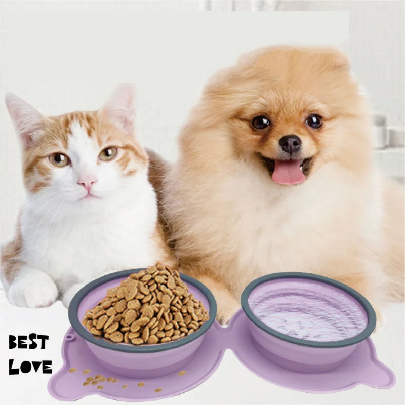 Portable Silicone Double Dog Food Bowls Foldable Non-Slip Pets Gym From House